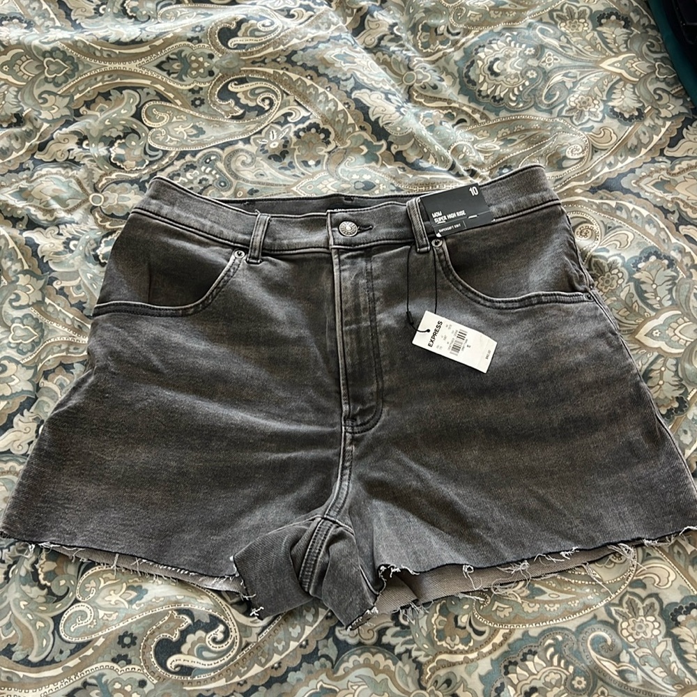 Express mom super high rise black jean shorts. Size 10. Never worn with tags.